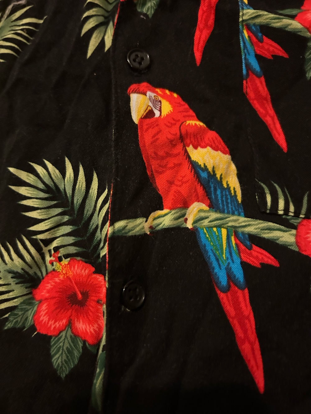 Men’s Forever 21 Black Button-Down Top with Red Parrot and Green Leaf Print XL - Picture 6 of 7